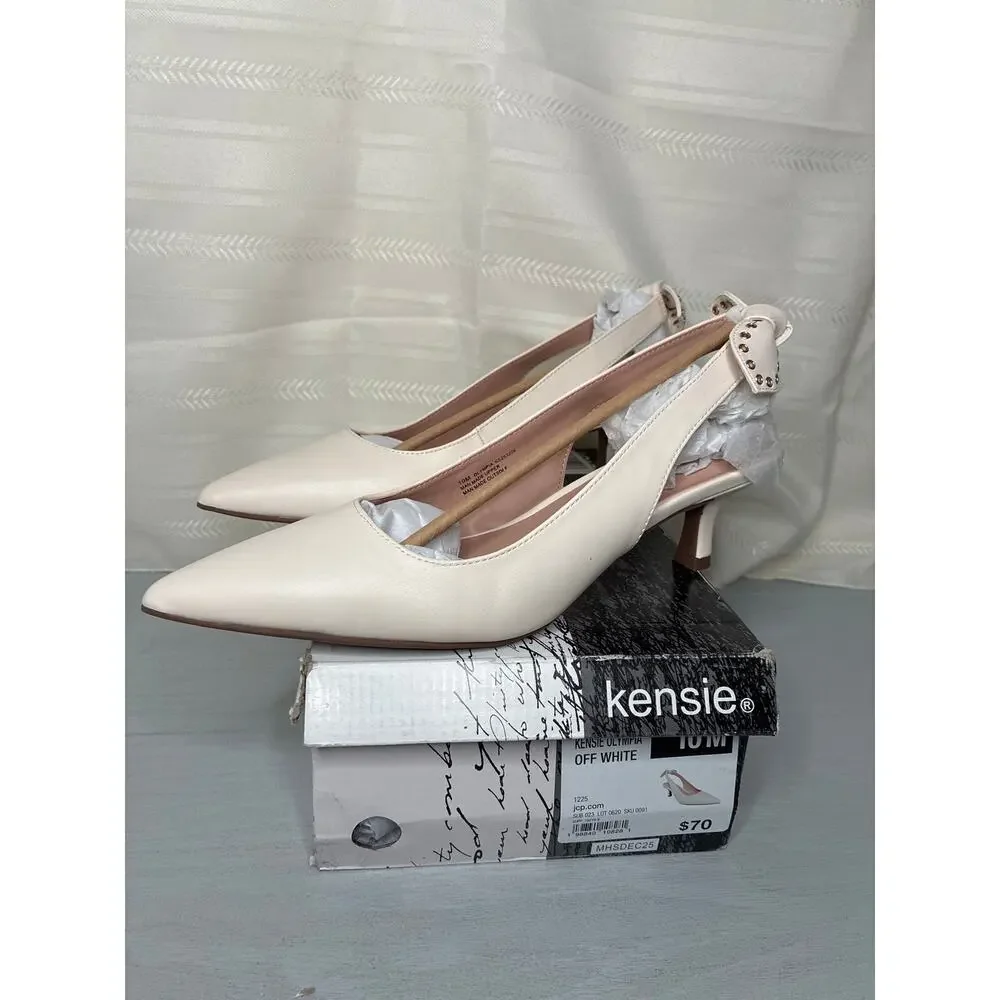Kensie Olympia Grommet Bow Slingback Kitten Heels Off White Size 10M